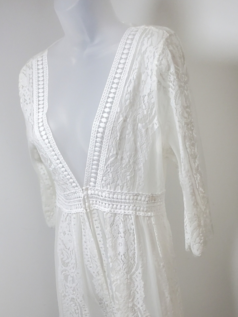 Blue Rain White Lace Deep V Robe with Crochet Trim